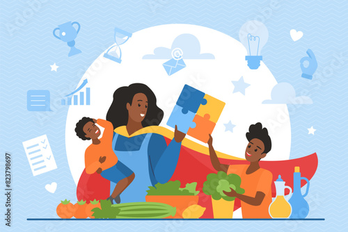 Happy family, busy mother superhero play with kids. Super mom wearing cape of hero playing fun puzzle game with sons in kitchen while cooking, multitasking woman heroine cartoon vector illustration