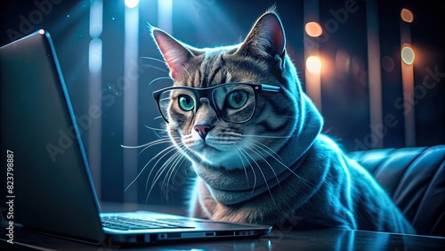 Hacker cat wearing glasses using computer in dark room with digital data reflection