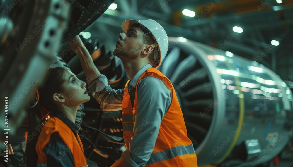 Two engineers in hard hats and safety vests examine a jet engine.