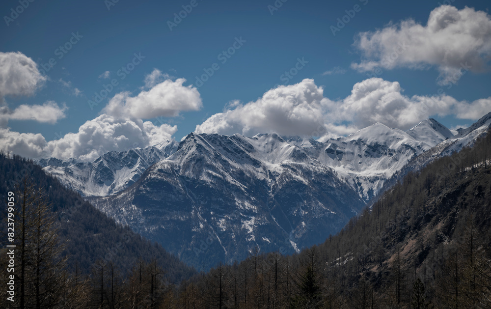 Fototapeta premium Spring hills under Simplonpass with blue sky in sunny day