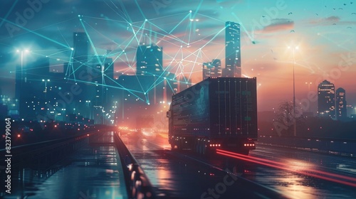Futuristic smart transportation network concept with cargo trucks  city skyline and digital connections in background. Big data technology for dynamic advertising on modern transport vehicles
