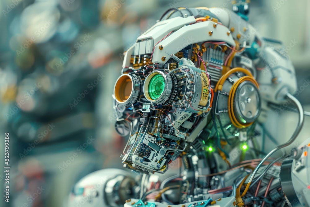 close-up view of a fantasy high-tech creature nano-bot character weaved of different various wires, microprocessors and tiny parts close-up view of a fantasy high-tech creature nano-bot character weaved of different various wires, microprocessors and tiny parts