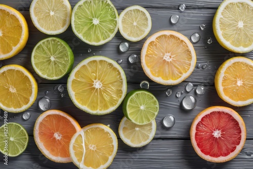 Fresh juicy lemon, orange, lime, grapefruit slices in water splashes on wood background. Flat lay, top view. Citrus fruits cut in water drops. Summer freshness, poster design. 
