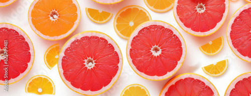 Slices of fresh juicy grapefruits, oranges, lemons in water splashes on pink background. Citrus fruits cut in water drops. Summer freshness, poster design. Flat lay, top view 