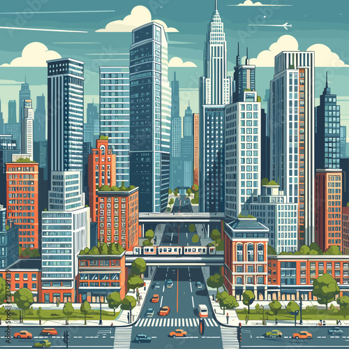 City scene with tall buildings vector illustration