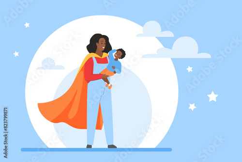 Mother superhero holding baby son to protect and care with love. Happy woman wearing cape and costume of super mum, strong superwoman standing with little child in hands cartoon vector illustration