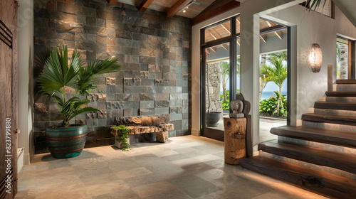 Sophisticated seaside foyer with a stone tile feature wall and rustic wooden accents, bathed in natural light