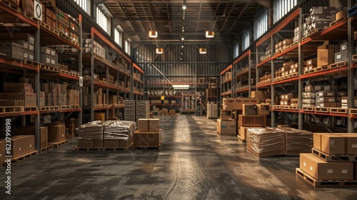 A warehouse with a lot of boxes and pallets
