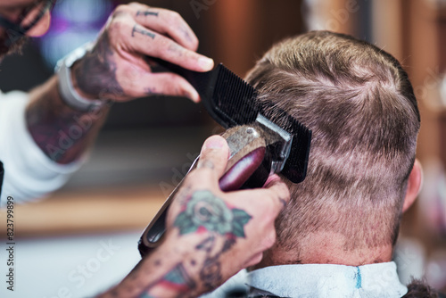 фотографія Barber shop, hands and men with haircut and customer with hairstylist and hair shaver with service