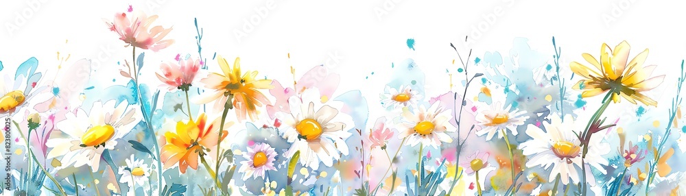 A field of blooming daisies, watercolor on white background