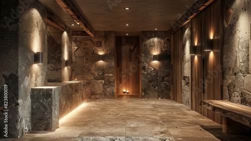 Sophisticated entrance hall featuring a seamless blend of stone tiles and rustic wood accents  bathed in soft lighting