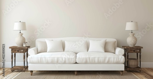 A simple and elegant white sofa in the living room with two side tables, a lamp on each table, and a wooden floor. The background is a plain light beige © Chand Abdurrafy