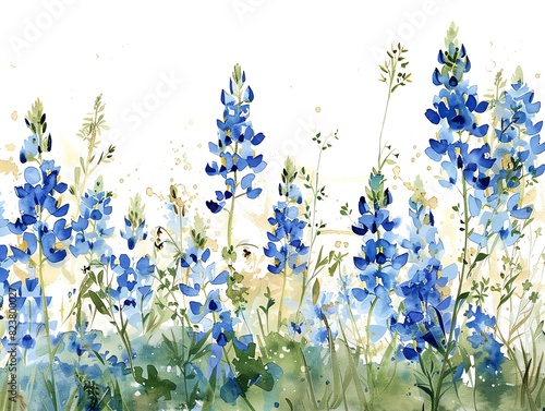 A field of blooming bluebonnets, watercolor on white background