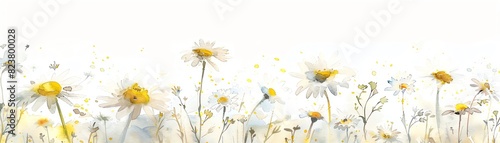 A field of daisies under a clear sky, watercolor on white background