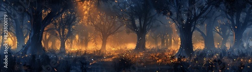 A dark forest with a glowing orange tree in the center. The tree is surrounded by a mist and there are fireflies flying around.