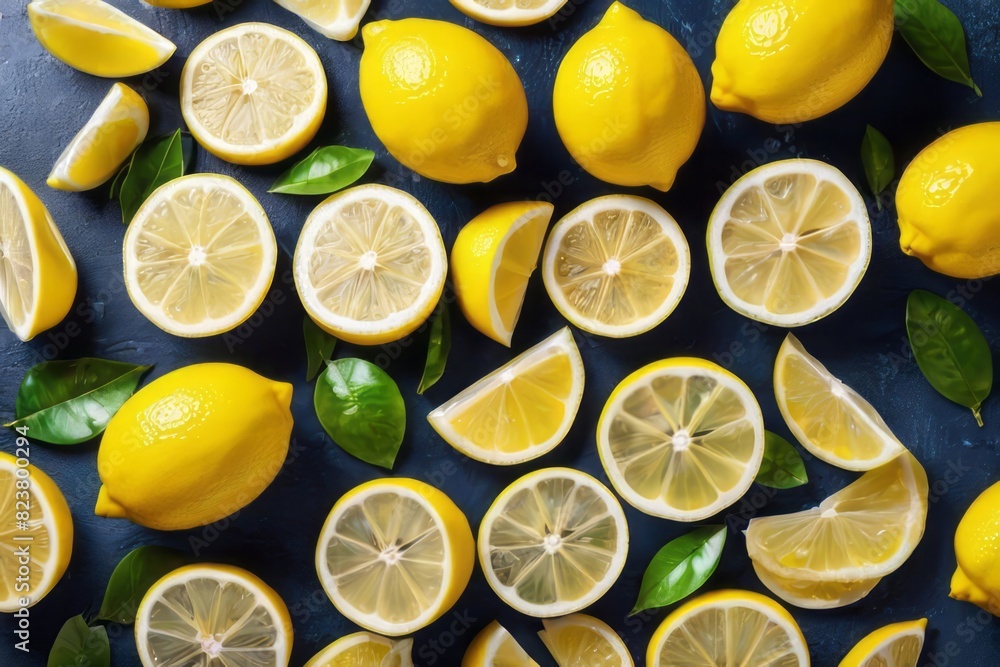 Fresh juicy lemon slices and leaves on black stone background. Flat lay, top view. Citrus fruits cut. Summer freshness, poster design.
Fresh juicy lemon slices and leaves on black stone background. Flat lay, top view. Citrus fruits cut. Summer freshness, poster design.