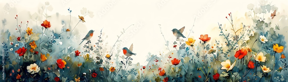 A group of fairies playing hide and seek in a meadow, watercolor on white background