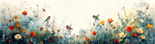 A group of fairies playing hide and seek in a meadow, watercolor on white background photo