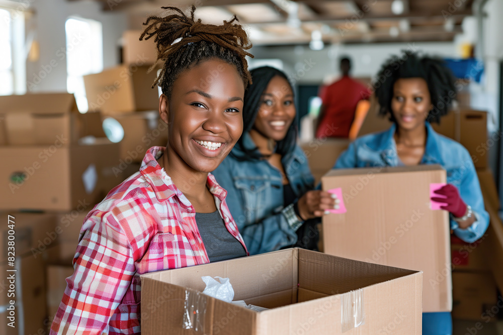 Group of women standing in a warehouse surrounded by boxes, discussing and organizing inventory Group of women standing in a warehouse surrounded by boxes, discussing and organizing inventory