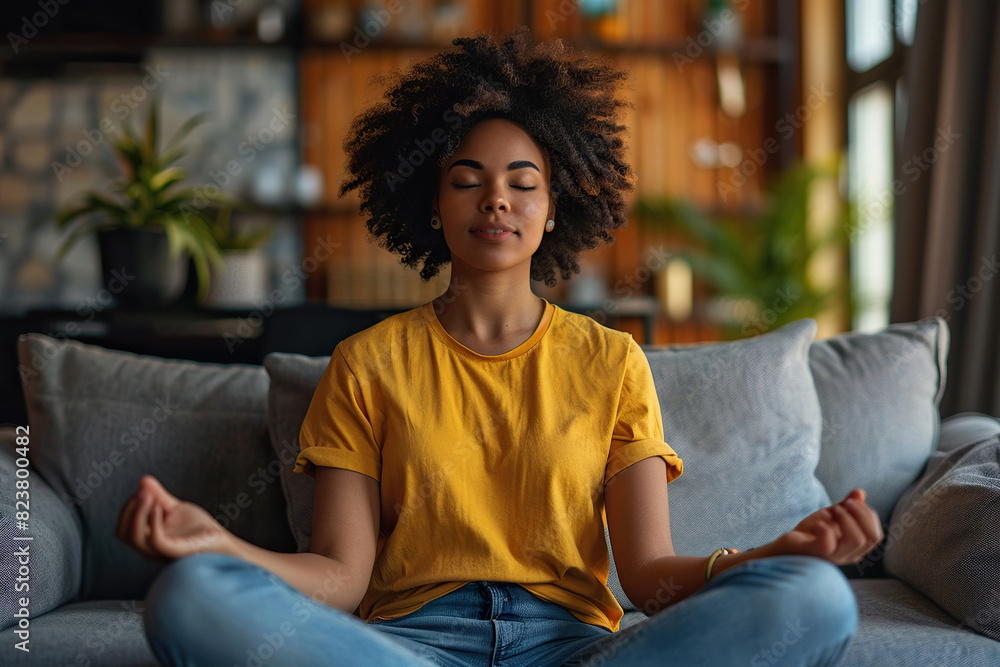 A woman is seated on a couch, adopting a lotus position commonly seen in yoga practices A woman is seated on a couch, adopting a lotus position commonly seen in yoga practices