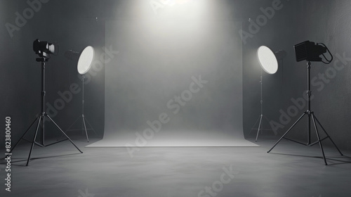 photographic studio with lighting backdrop and various equipment for photos and video shooting. banner photo