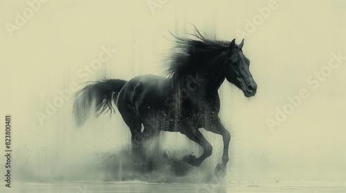 Fluid lines trace the kinetic energy of a spirited black horse on a clean  expansive white surface