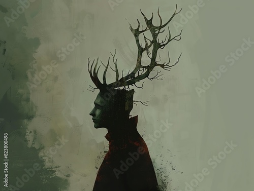 A dark figure with antlers for a head stands in the middle of a forest. The antlers are made of branches and twigs, and the figure's face is obscured by shadows. © fangphotolia