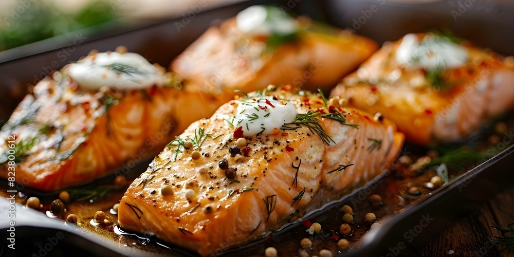 Deliciously Prepared Salmon Filet with Sour Cream and Dill. Concept Salmon Recipe, Seafood Dish, Sour Cream Dill Sauce, Gourmet Cooking, Healthy Eating Deliciously Prepared Salmon Filet with Sour Cream and Dill. Concept Salmon Recipe, Seafood Dish, Sour Cream Dill Sauce, Gourmet Cooking, Healthy Eating