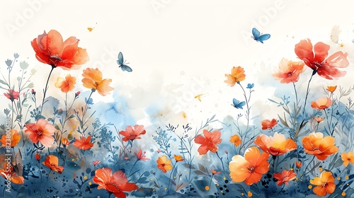 A beautiful watercolor painting of a meadow filled with orange and yellow flowers © fangphotolia