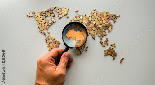 A person holds a magnifying glass over a world map crafted from coins, symbolizing scrutiny and exploration in global finance. Ideal for financial analysis concepts. Generative AI. photo