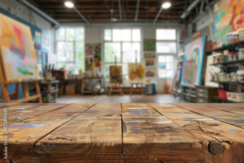 Wallpaper Mural A wooden table in the foreground with a blurred background of an art studio. The background includes easels with canvases, paintbrushes, palettes, colorful paintings on the walls, and shelves Torontodigital.ca