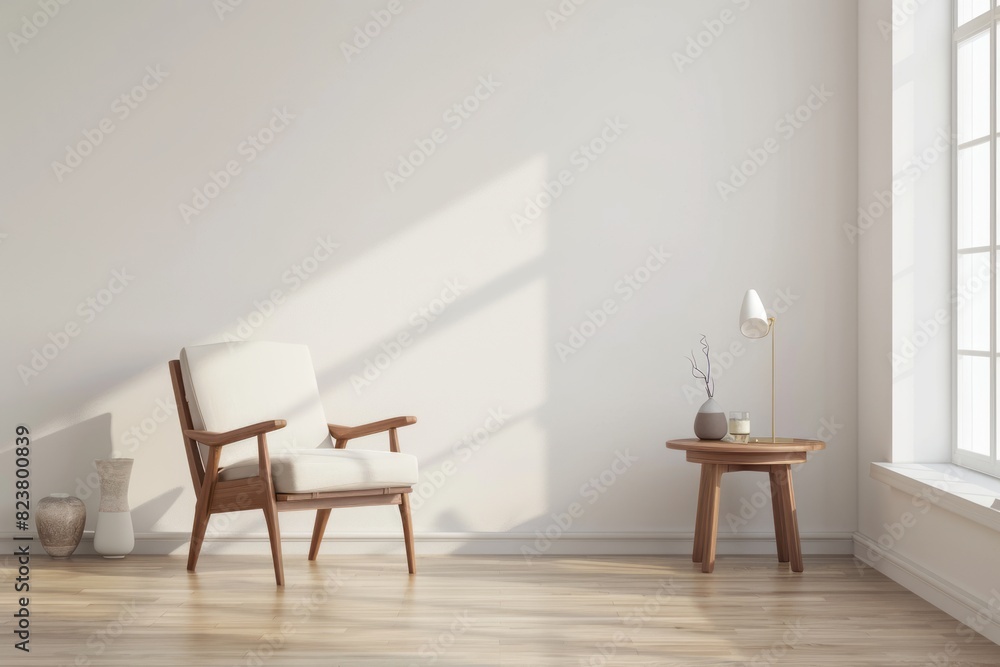 A simple, empty room with white walls and wooden floors. There is an elegant midcentury modern chair next to the wall A simple, empty room with white walls and wooden floors. There is an elegant midcentury modern chair next to the wall