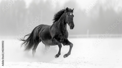 Majestic black stallion galloping with grace against a pristine white backdrop