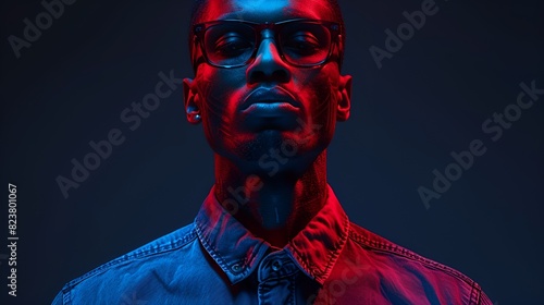 Male model - red background - sunglasses - stylish fashion - blue shirt - close-up shot 