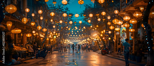 A street decorated with Islamic-themed lights and patterns for Eid-al-Adha, with families walking and celebrating