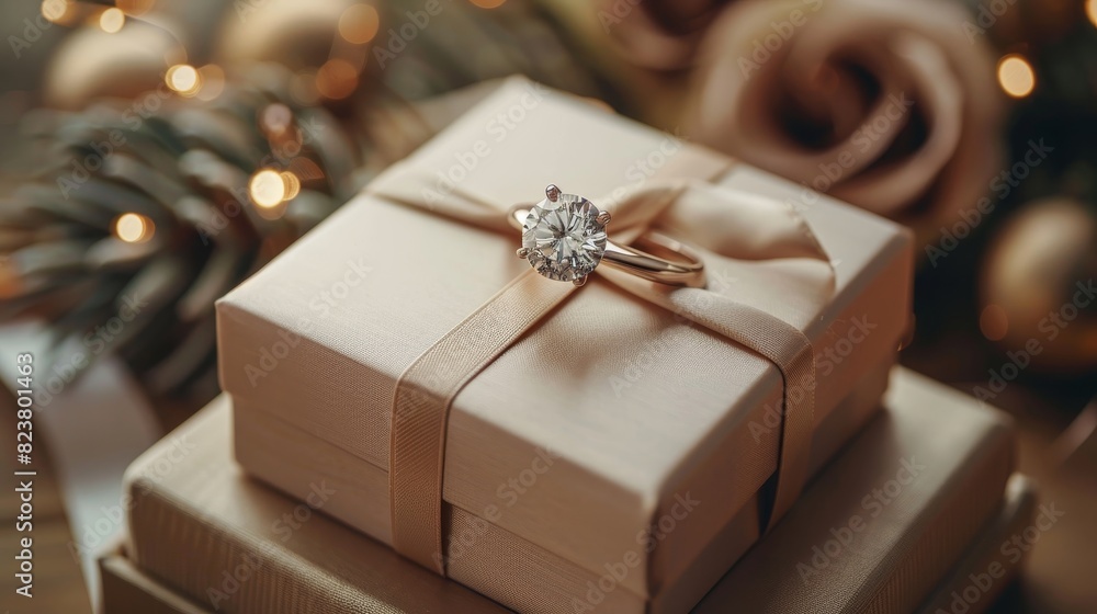 An elegant gift box topped with a satin ribbon and an engagement ring symbolizes a proposal or celebration
