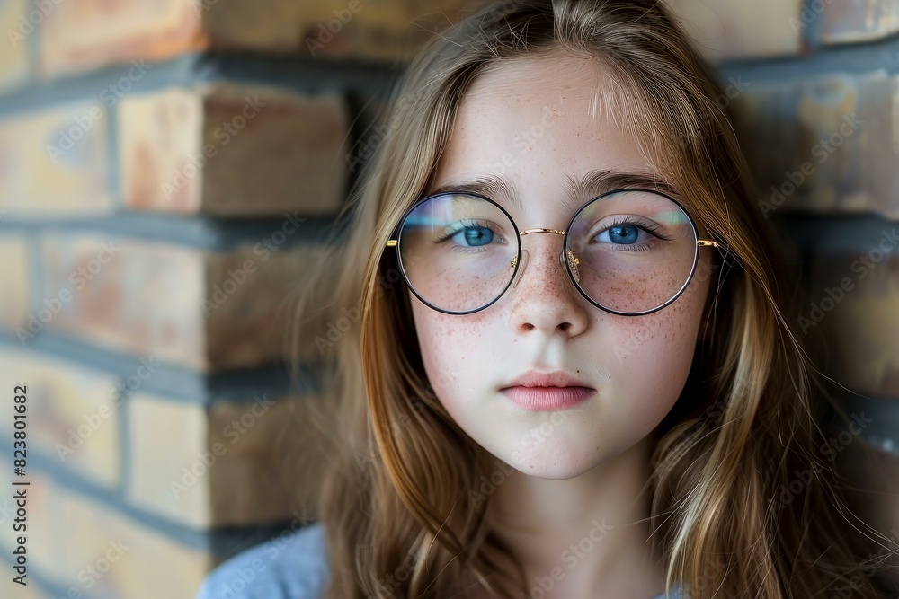 Close-up of a thoughtful young girl wearing round glasses against a brick wall background Close-up of a thoughtful young girl wearing round glasses against a brick wall background
