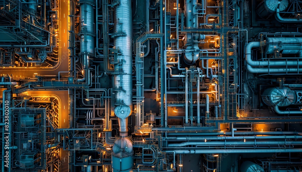 An aerial view of a petrochemical complex s integrated units, with a network of pipelines connecting different sections of the plant, taken by a professional drone photographer An aerial view of a petrochemical complex s integrated units, with a network of pipelines connecting different sections of the plant, taken by a professional drone photographer