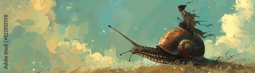 A lone samurai rides a giant snail across a vast field of wheat photo