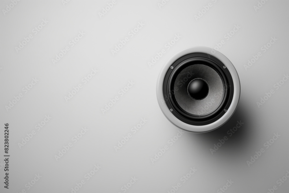 Black and white round speaker on the white surface. Black and white round speaker on the white surface.