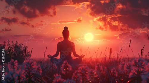 serenity and yoga practicing at sunset, meditation.Twilight