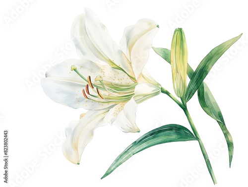 A single white lily with green stem, watercolor on white background