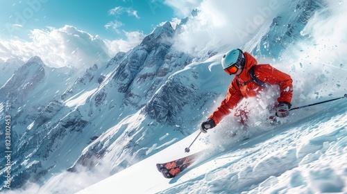 Skier in Action on Snowy Mountain