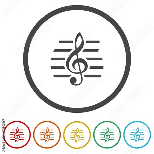 Treble clef icon. Set icons in color circle buttons