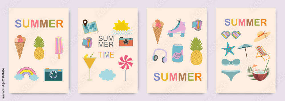 Set of cute modern summer posters, cards. Ice cream, fruit, sea life, cocktails. Interior print for a children's room. Vector illustration of summer vacation, travel, vacation, wall art. Set of cute modern summer posters, cards. Ice cream, fruit, sea life, cocktails. Interior print for a children's room. Vector illustration of summer vacation, travel, vacation, wall art.