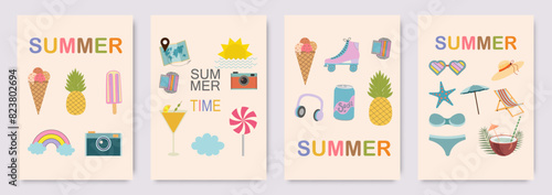 Set of cute modern summer posters, cards. Ice cream, fruit, sea life, cocktails. Interior print for a children's room. Vector illustration of summer vacation, travel, vacation, wall art.