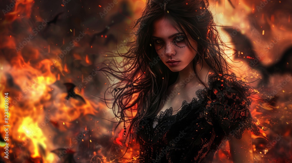 A woman in a black dress stands in front of a fire with a dragon in the backgrou A woman in a black dress stands in front of a fire with a dragon in the backgrou