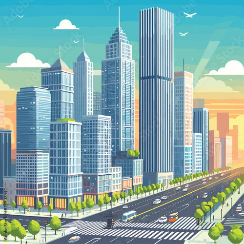 City scene with tall buildings vector illustration