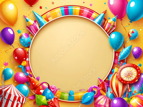a round frame with colorful objects on a yellow background, birthday, bright background, round background, carnival background, and poster background design.