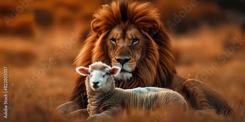 The Coexistence of Lion and Lamb: A Symbol of Harmony and Serenity. Concept Peaceful Wildlife, Harmony in Nature, Coexisting Animals, Beauty in Diversity photo